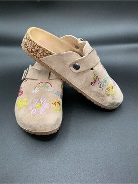 Yoki Gienna girls' taupe faux suede clogs featuring rhinestone embellishments.